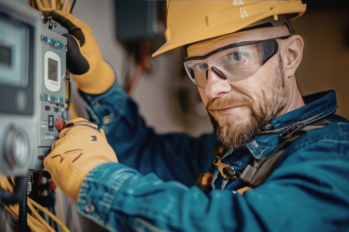 Licensed electrician inspecting an electrical panel